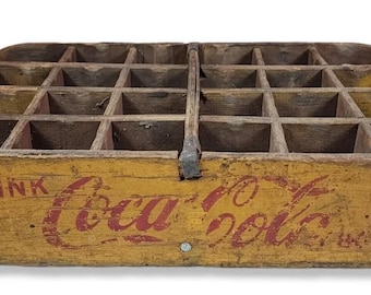 Rare 1950 Coca Cola Rounded Corner Yellow Wooden Glass Bottle Crate