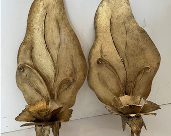 Pair of Large Vintage Gilt Iron Candle Sconces With Leaf Design