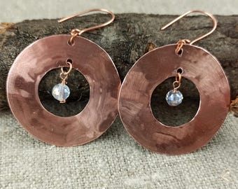 Handmade Hammered Copper Earrings: Aquamarine Stone Dangle Jewelry