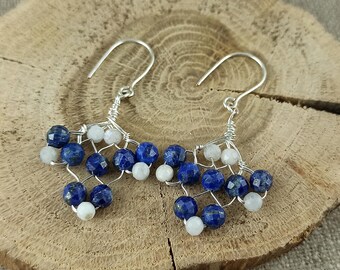 Handmade Lapis Lazuli & Moonstone Earrings: Silver Copper Wire