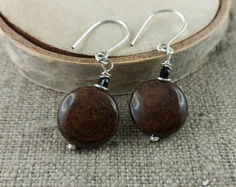 Handmade Bronzite Dangle Earrings: Silver Copper Wire, Spinel Stone