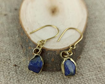Handmade Brass Sodalite Earrings: Hammered Boho Dangle Jewelry natural stone gift for her