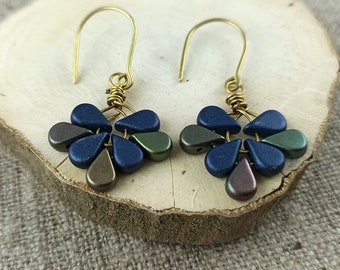 Handmade Brass Dangle Earrings: Navy Blue & Gold Puca Petals