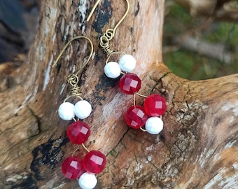 Handmade Brass Dangle Earrings: Red Agate & Howlite Boho Jewelry
