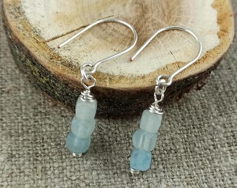 Handmade Aquamarine Cube Earrings: Silver Wire Dangle Natural Stone Jewelry
