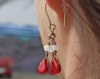 Handmade Brass Dangle Earrings: Scarlet Amos Par Puca Petals & Moonstone