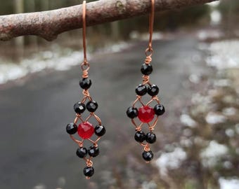 Handmade Copper Dangle Earrings: Agate & Spinel Boho Jewelry natural stone gift for her
