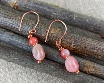 Peach Agate Copper Earrings: Handcrafted Boho Dangle Jewelry