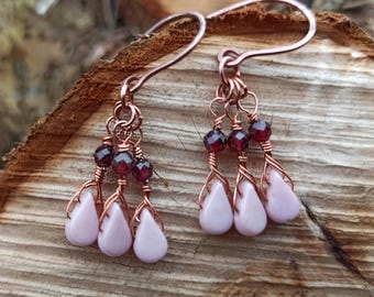 Handmade Copper Earrings: Pink Amos Par Puca, Garnet Gemstones, Boho Style