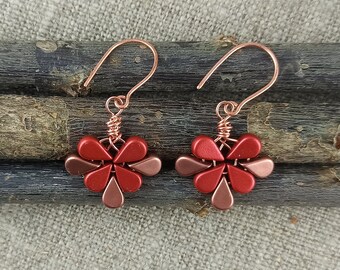 Handmade Copper Flower Earrings: Red & Gold Boho Jewelry