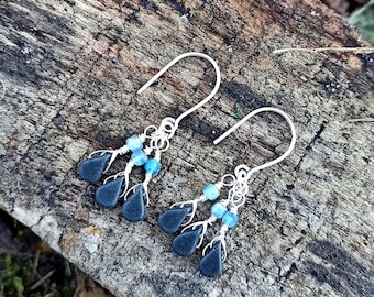 Handmade Aquamarine Dangle Earrings: Black Petal Copper Wire Jewelry