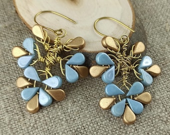 Handmade Brass Floral Earrings: Blue Gold Dangle Drop Jewelry