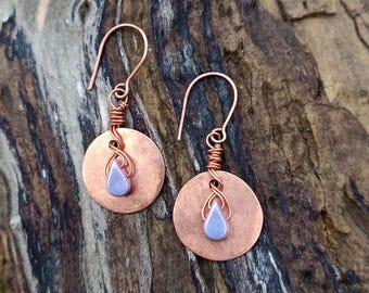 Handmade Hammered Copper Earrings: Ivory Puca Bead Dangle Jewelry