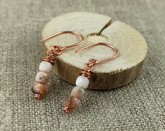 Handmade Copper Earrings: Pink Opal Cube Dangle, Boho Jewelry