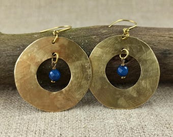 Handmade Hammered Brass Circle Earrings: Blue Agate Boho Jewelry