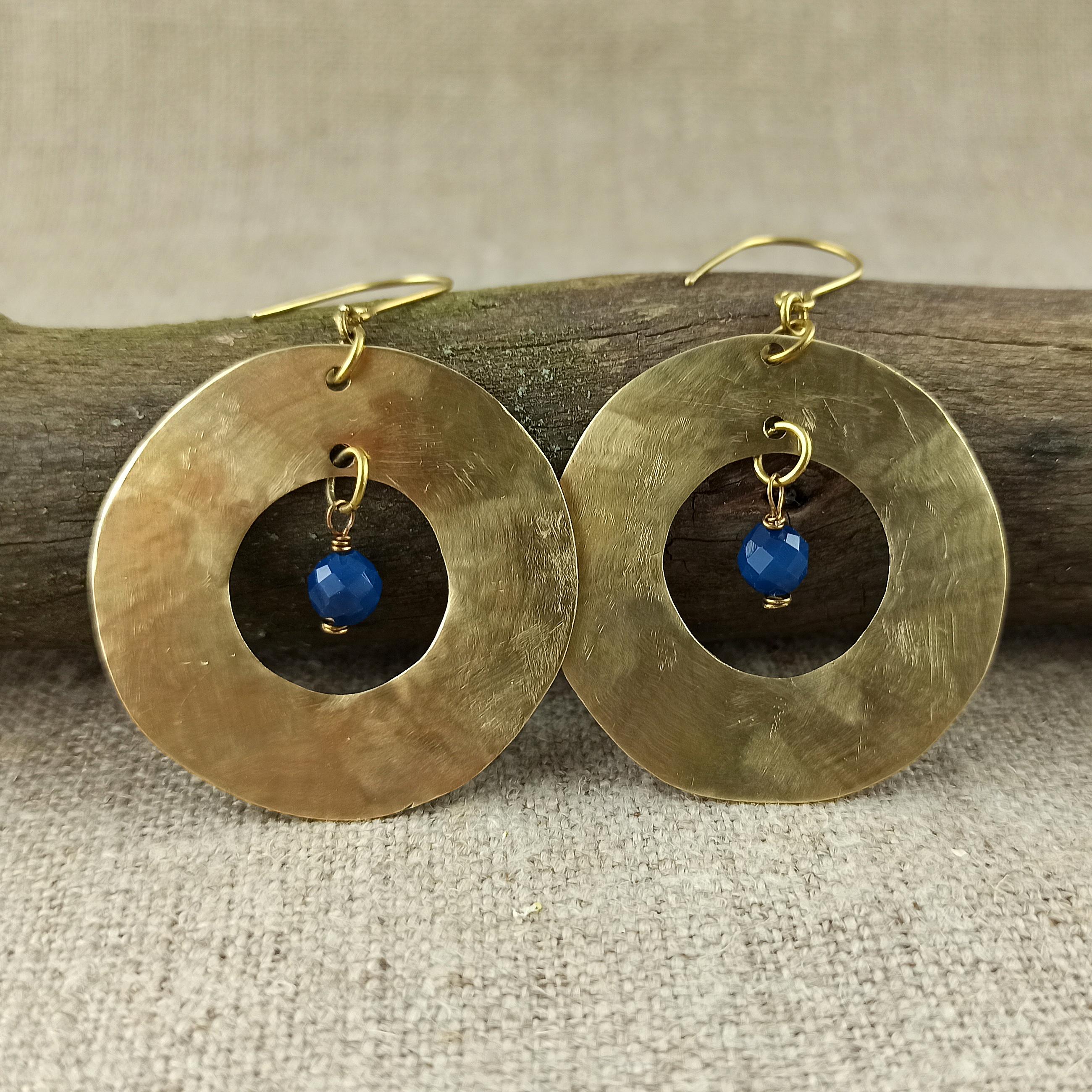 Handmade Hammered Brass Circle Earrings: Blue Agate Boho Jewelry