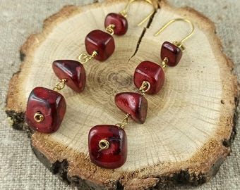 Handmade Brass & Burgundy Coral Dangle Earrings: Boho Jewelry natural stone gift for her