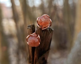 Handmade Copper Wire Wrapped Sunstone Stud Earrings, 7mm Gemstones, 15mm Length