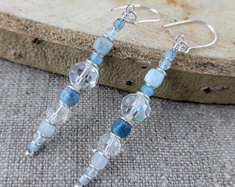 Handmade Aquamarine Morganite Dangle Earrings: Silver- Plated Copper Wire Boho Jewelry