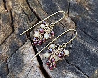 Handmade Brass Garnet Calcite Earrings: Boho Dangle Drop Jewelry
