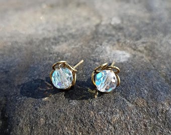 Handmade Crystal AB Brass Stud Earrings: Floral Bud Design