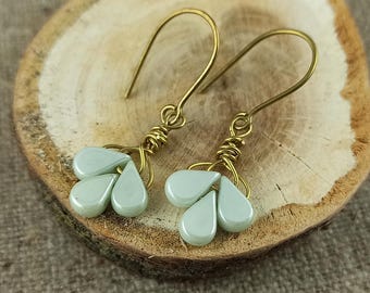Handmade Brass Earrings, Blue Amos Par Puca Beads, Minimalist Floral Design