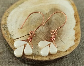 Handmade Copper Earrings with Blue Petal Beads, Floral Ceramic Dangles