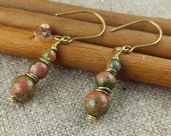 Handmade Brass Unakite red jasper Dangle Earrings: Boho Jewelry gift for her