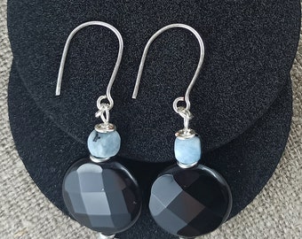 Handmade Onyx & Aquamarine Dangle Earrings: Silver Copper Wire
