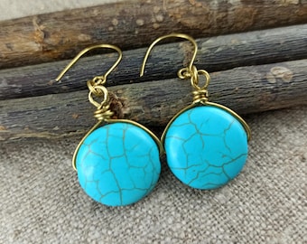 Handmade Brass Turquoise Howlite Earrings: Boho Dangle Drop Jewelry