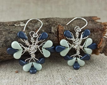 Handmade Silver Copper Floral Earrings: Blue & Green Puca Petals