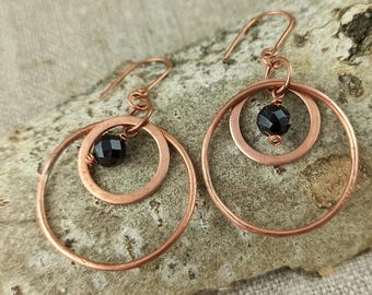 Handmade Copper Hoop Earrings with Black Agate Gemstone – Boho Ethnic Jewelry