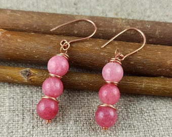 Handmade Copper Rhodonite Dangle Earrings: Boho Jewelry