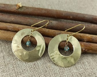 Handmade Hammered Brass Dangle Earrings with Apatite Stone
