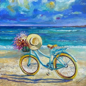 Bicycle Flowers and the Sea. Bike Seascape Painting. Original Seascape Artwork Original Oil Painting on Stretched Canvas 15.7&quot; by 19.6&quot;