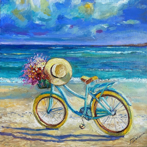 Vélo, fleurs et la mer. Peinture à l’huile originale sur toile tendue 15.7 « par 19.6 » Art Home Decor.