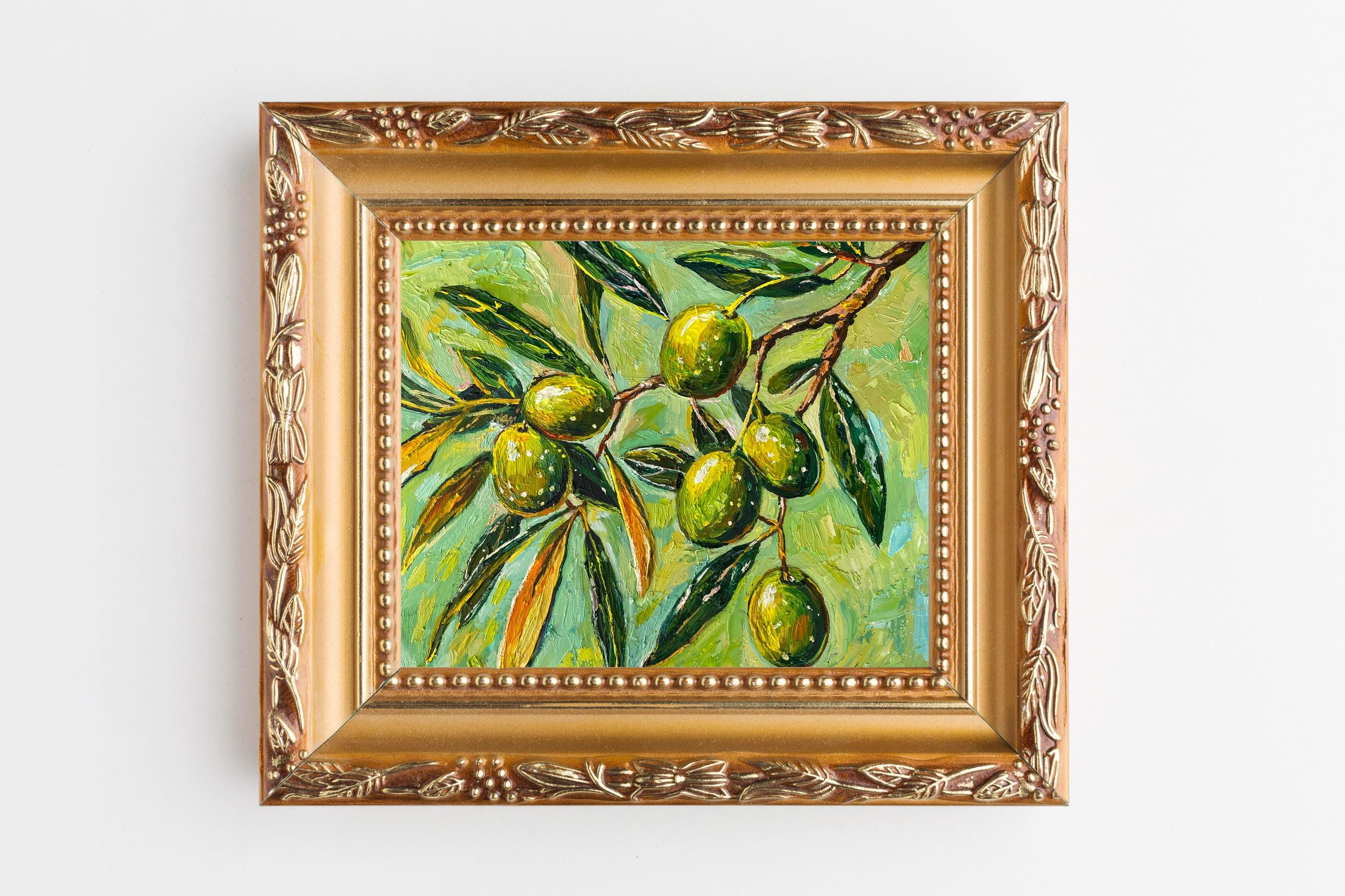 インパスト技法を用いたオリーブの枝の油絵：キッチンの壁飾り、植物