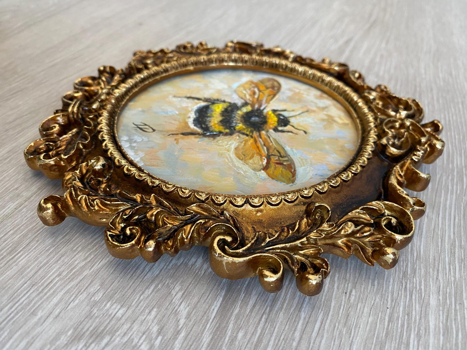 Bumblebee Painting Impressionist– Miniature Vintage Oil Original Insect ...