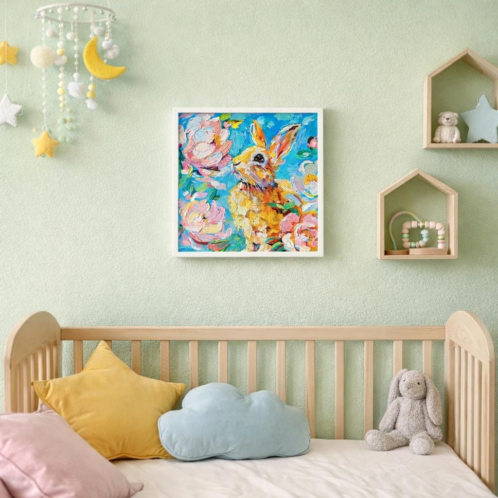 印象派のウサギの絵画：花のウサギのオリジナル油絵（9.8インチ×9.8