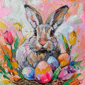 原画油絵◆縁起良し/豊穣の兎◆1点物絵画 印象派のウサギの絵画：花のウサギのオリジナル油絵（9.8インチ×9.8