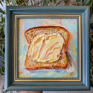 Bread and Butter Painting  Original Framed oil Artwork Impasto Painting Breakfast Art Small Kitchen Food Decor