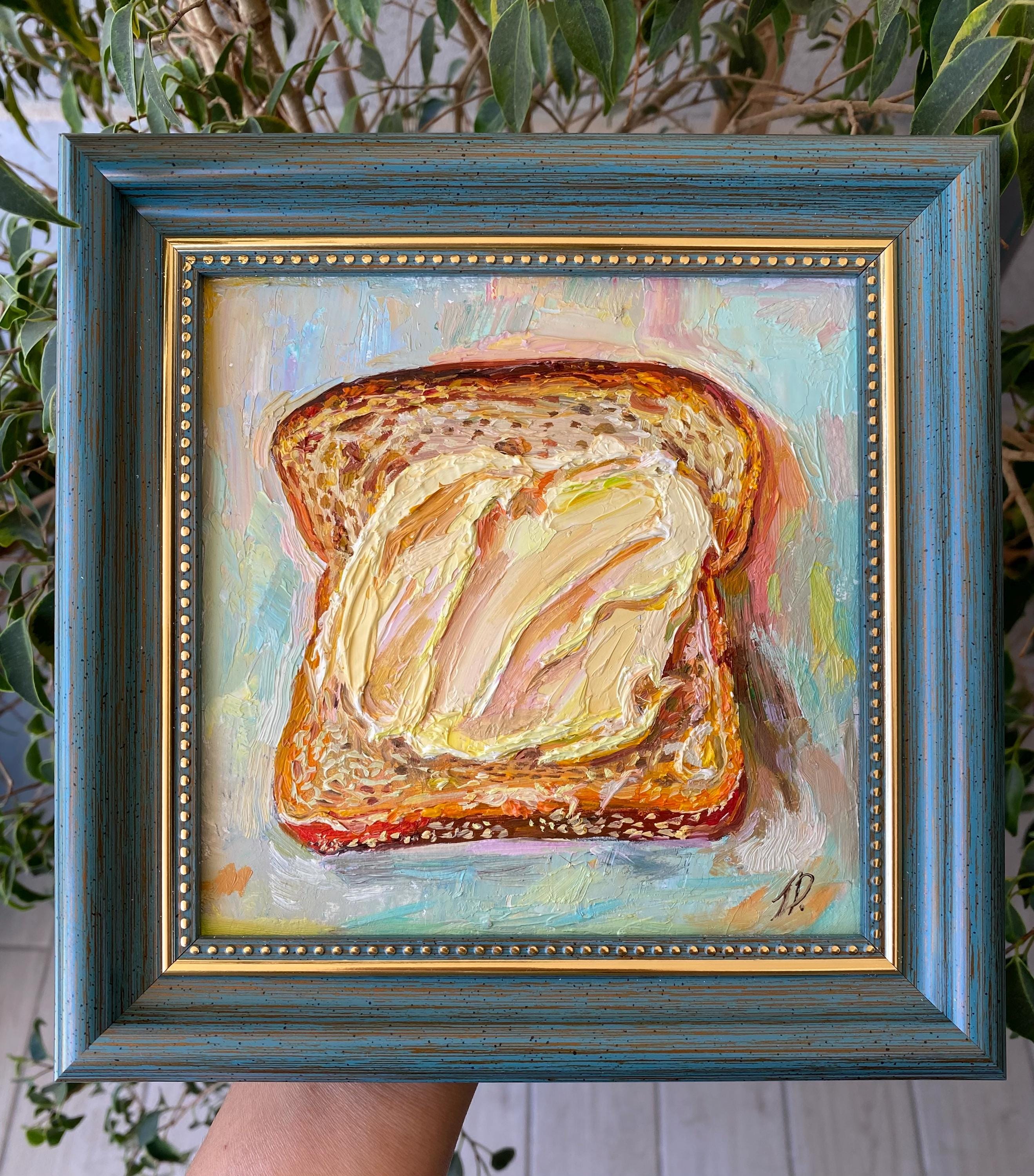 作者不詳　油彩画 厚塗り インパスト技法 額装 インパスト技法を用いたパンとバターの油絵：額装されたキッチンフード