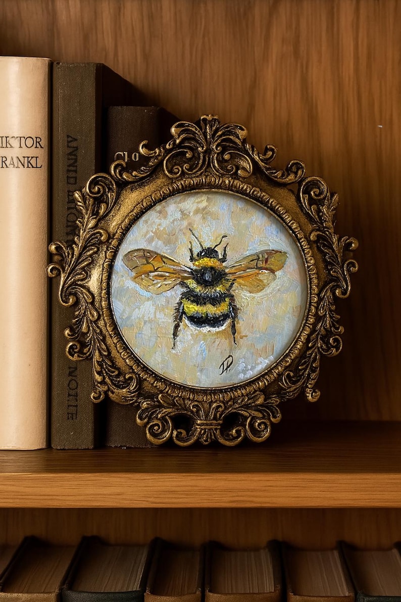 Bumblebee Painting Impressionist– Miniature Vintage Oil Original Insect ...