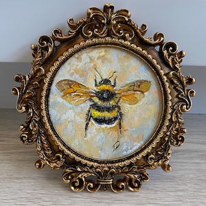 Hummel Gemälde impressionistisch - Miniatur Vintage Ölgemälde original Insekt in verzierten Rahmen