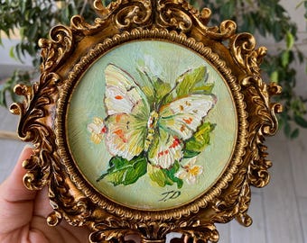 Butterfly Oil Painting original in Ornate Gold Frame, Vintage Style Wall Art, French Country Home Decor