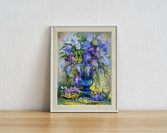 ライラック色の油絵：花束の静物画、表現主義アート（15.5インチ×11.5