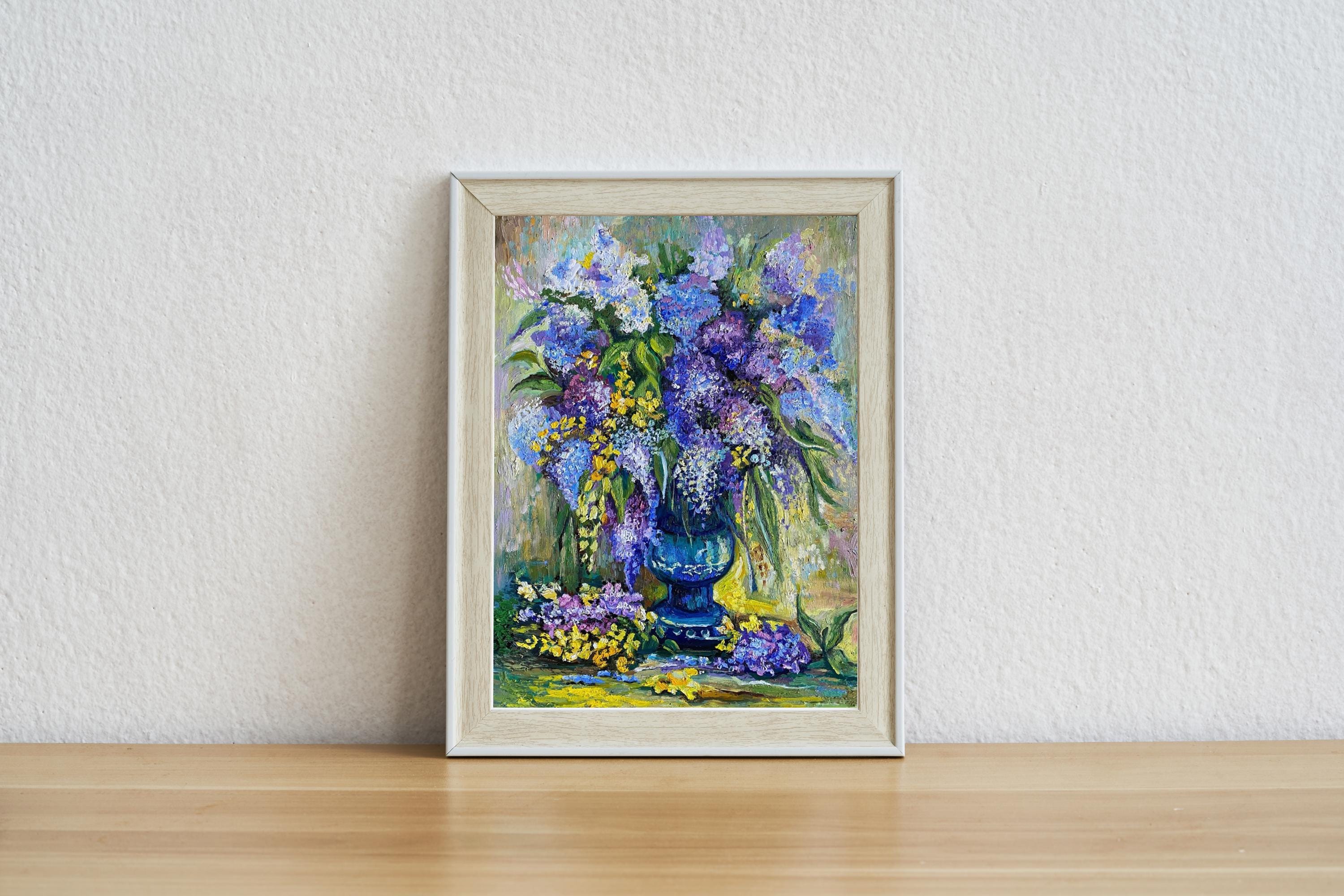 ライラック色の油絵：花束の静物画、表現主義アート（15.5インチ×11.5