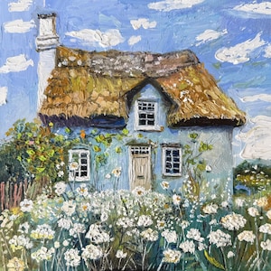Cottage inglese con tetto di paglia – Dipinto ad olio originale Cottagecore