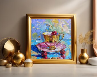 チェリーのティーカップ油絵：印象派のオリジナル静物画、カラフルな