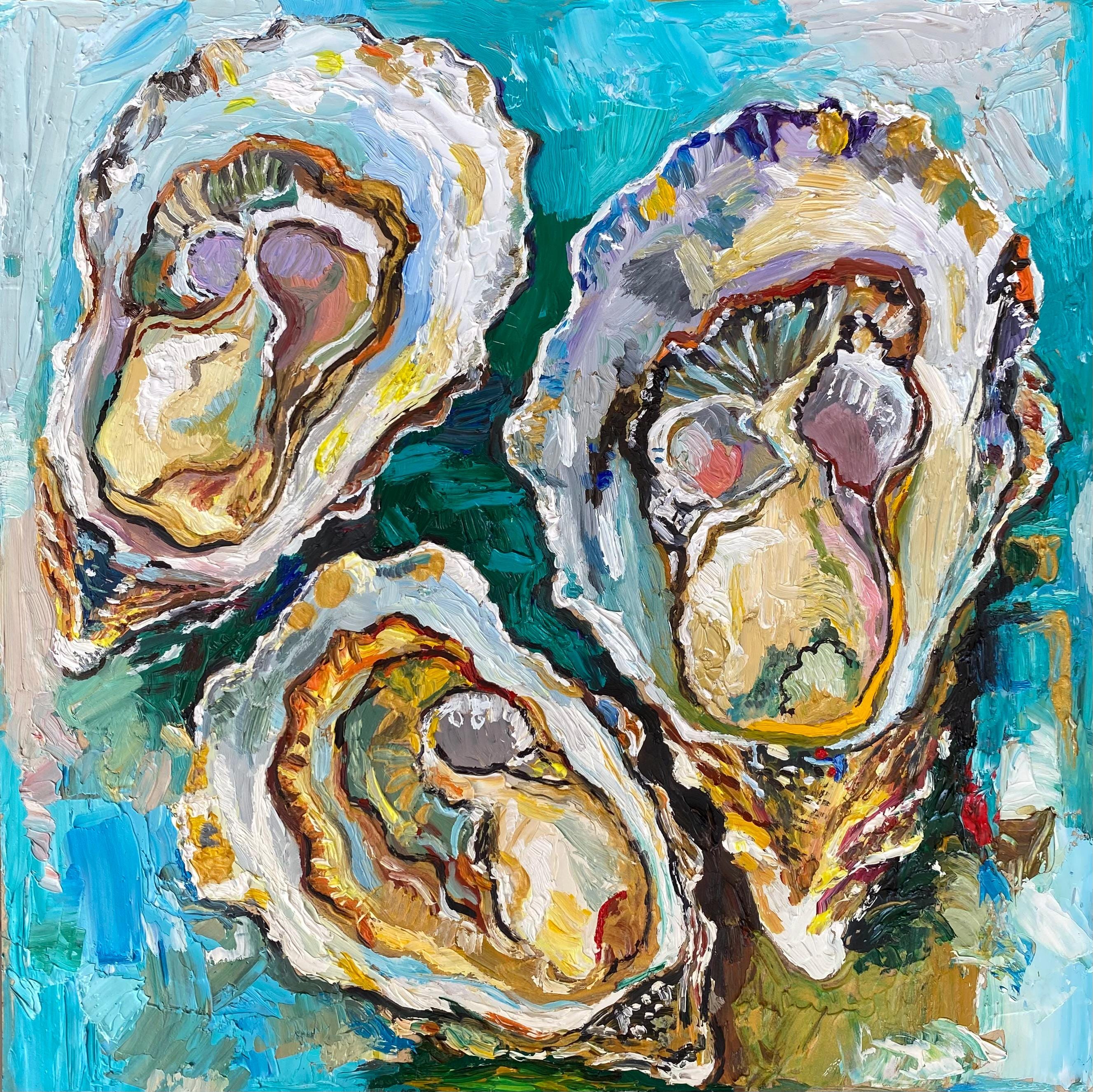 Oyster Painting: Original Impasto Oil on Turquoise, Coastal